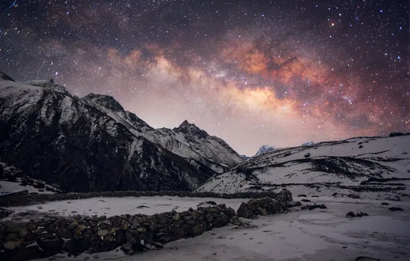 Picture the sky, stars, snow, mountains, night, tops, Winter, the milky way