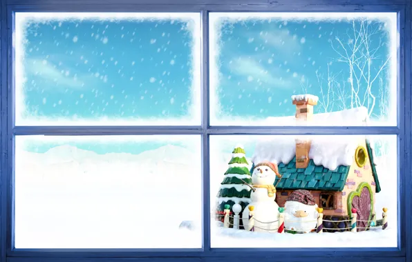Picture new year, window, snowmen