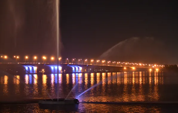 Picture bridge, river, fountain, Dnepropetrovsk, Dnepr, artificial geyser