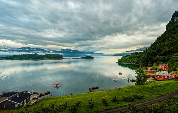 Picture road, mountains, clouds, river, coast, Norway, houses, boats, Islands, Hordaland