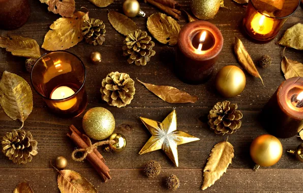 Picture leaves, stars, balls, toys, sticks, candles, cinnamon, Christmas, bumps, gold, New Year, Christmas, Christmas