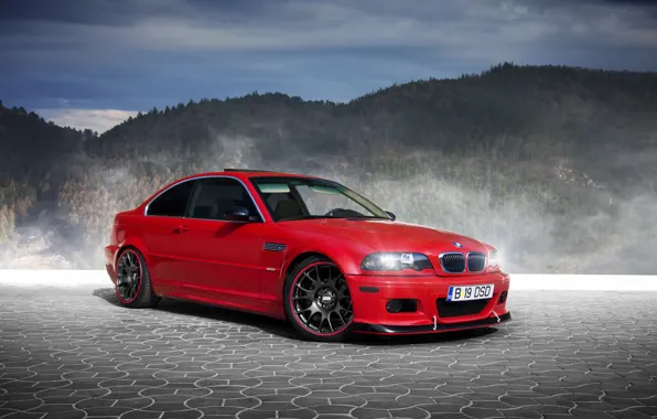Picture forest, mountains, red, fog, BMW, pavers, BMW, red, E46, BBS