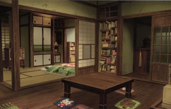 Picture table, books, Japan, bed, bedroom, living room, cabinets, tatami, futon, by Kusanagi