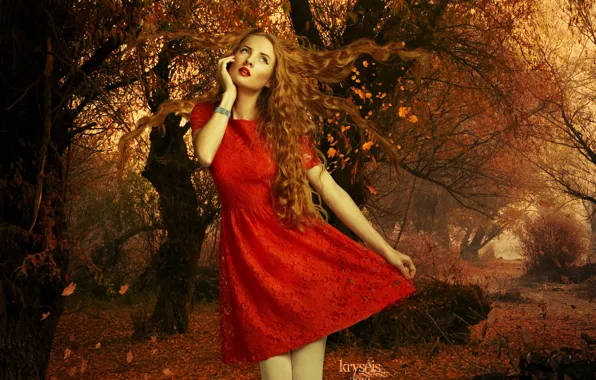 Picture autumn, leaves, girl, trees, face, hair, makeup, red dress, curls, red lips