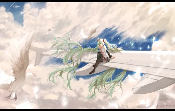 Picture the sky, girl, clouds, birds, the plane, anime, art, vocaloid, hatsune miku, hews