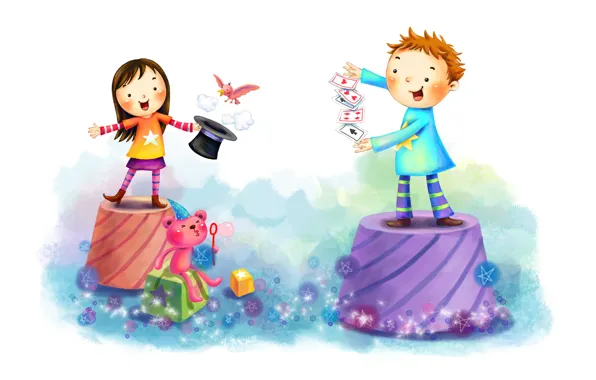 Picture card, children, bird, cubes, figure, boy, bubbles, girl, fun, animal, tricks