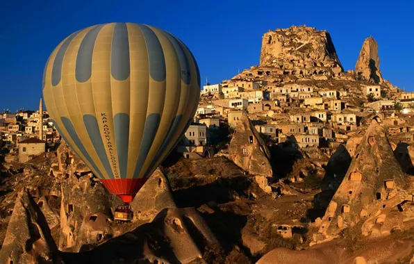 Picture the sky, mountains, rock, balloon, home, the village, the minaret, the village