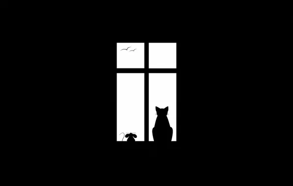 Picture cat, birds, minimalism, mouse, window, friends, Friendship