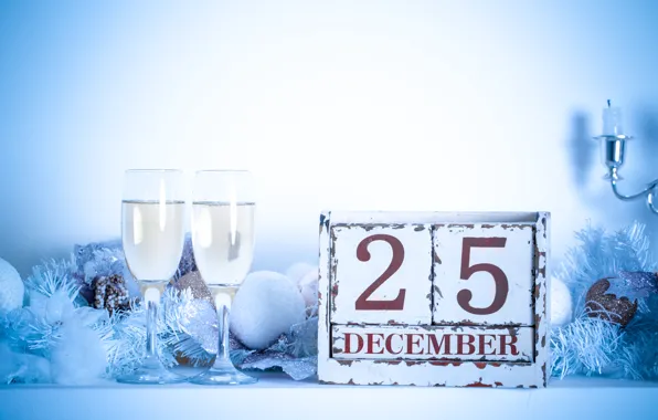 Picture frost, branches, blue, holiday, toys, candles, glasses, New year, champagne, December, Merry Christmas, Holiday