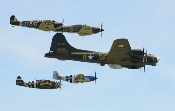 Picture Boeing, flight, bomber, Spitfire, Hawker Hurricane, B-17, P-51 Mustang, P-47 Thunderbolt