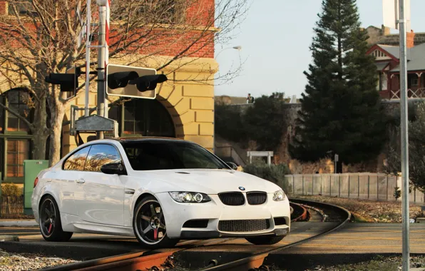 Picture white, the sky, trees, black, building, bmw, BMW, coupe, traffic light, railroad, wheels, drives, black, …