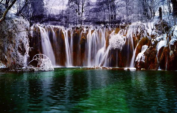 Picture winter, forest, snow, lake, river, waterfall, stream, Croatia, Croatia