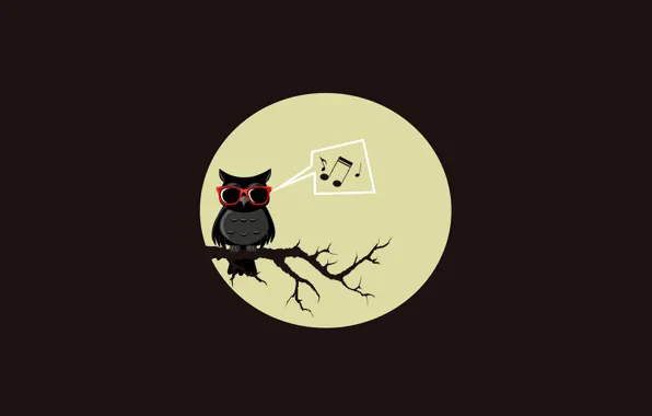 Picture notes, music, tree, owl, bird, the moon, minimalism, branch, owl, red glasses