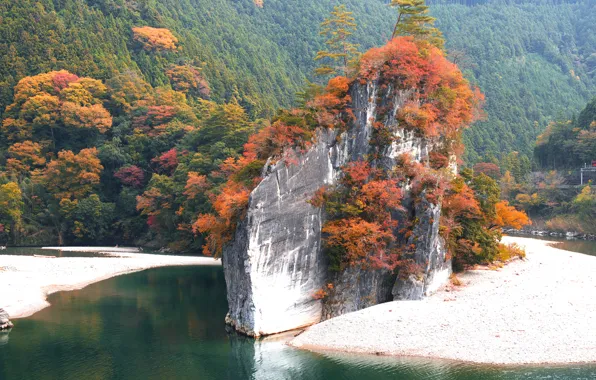 Picture autumn, trees, mountains, rock, lake
