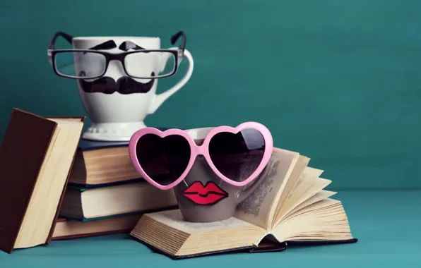 Picture books, coffee, glasses, mug, cup, lips, funny, glasses, cute, books, mustache
