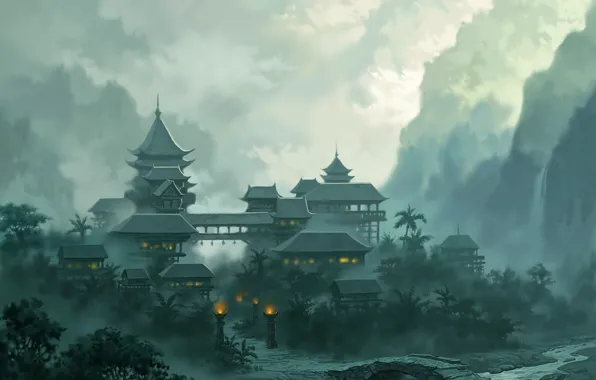 Picture landscape, mountains, bridge, the city, lights, fog, river, jade dynasty