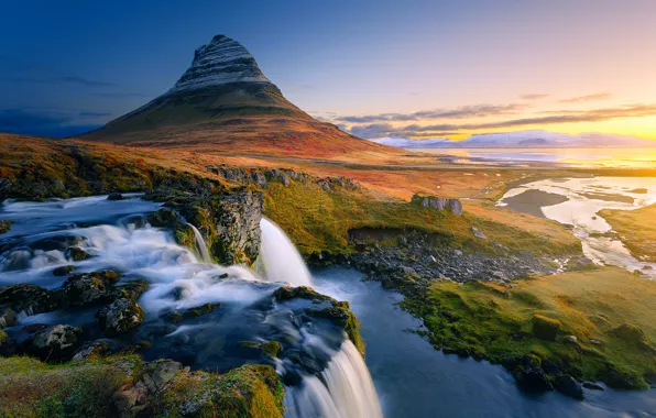 Picture waterfalls, Iceland, mountain Kirkjufell
