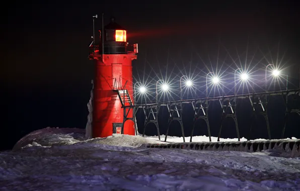 Picture winter, snow, night, Lighthouse, lights