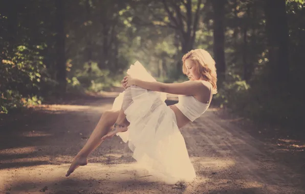 Picture road, forest, girl, blonde, levitation