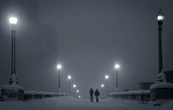 Picture winter, snow, night, lights, fog, people, home, lights