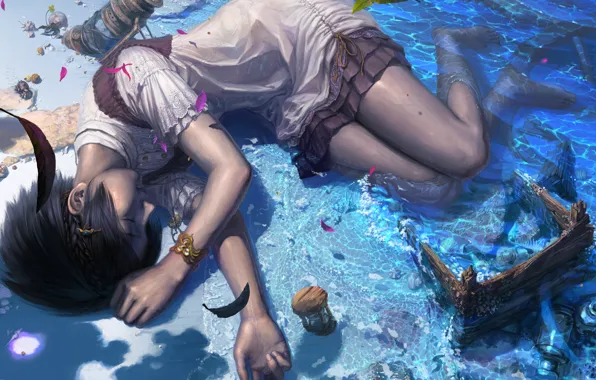 Picture sea, water, the crash, the situation, anime, art, girl