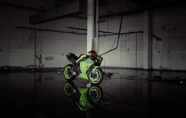 Picture reflection, green, lights, motorcycle, green, yamaha, bike, Yamaha, yzf-r1