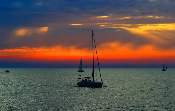 Picture sea, the sky, clouds, sunset, boats, sail