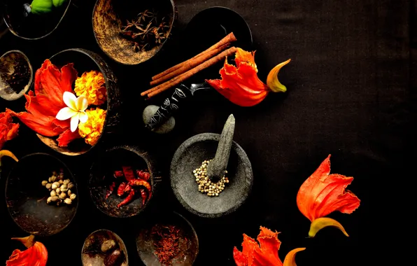 Picture table, petals, spices, mortar, star anise, pepper, bowls