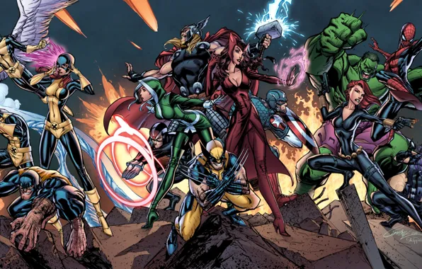Picture Hulk, X-Men, wolverine, Rogue, Captain America, Angel, Thor, iron man, Black Widow, Beast, jean grey, …