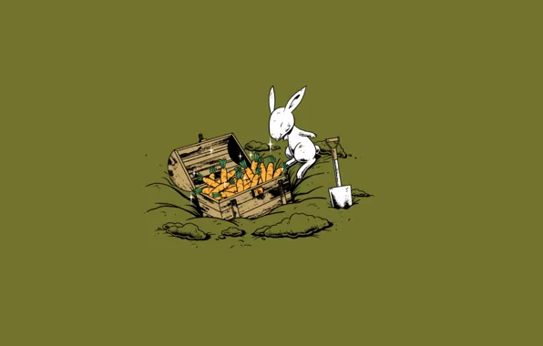 Picture white, happiness, background, rabbit, treasure, chest, shovel, carrots, treasure