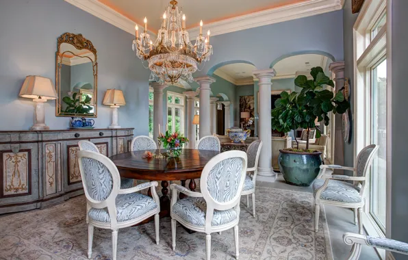 Picture flowers, design, style, table, chairs, chandelier, dining room