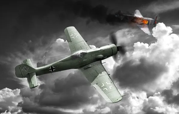 Picture the sky, clouds, the plane, war, fighter, war thunder, Fw-190D