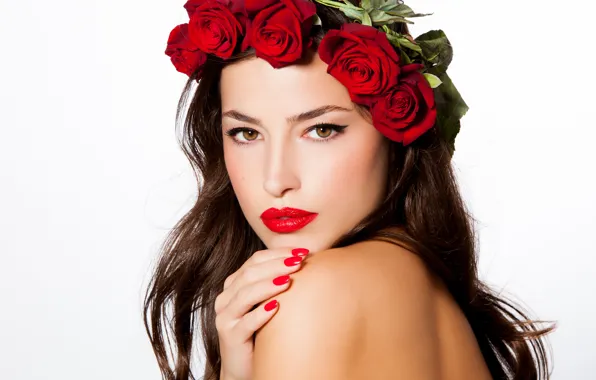 Picture look, girl, flowers, background, model, makeup, wreath, heresnye lips