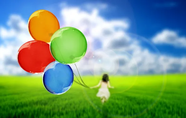 Picture greens, the sky, grass, girl, balls, nature, balloons, background, Wallpaper, mood, silhouette, wallpaper, widescreen, background, …
