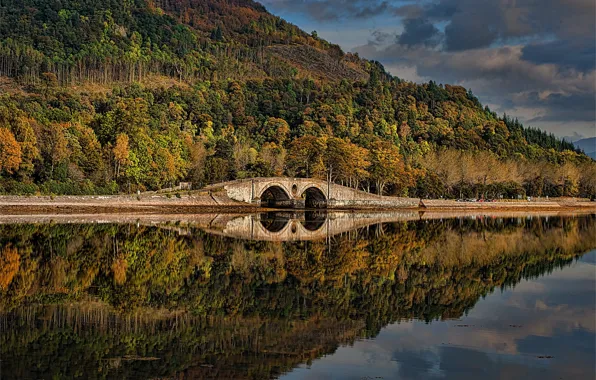 Picture autumn, forest, trees, bridge, lake, reflection, Scotland, Scotland, Inveraray, Argyll and Bute, Loch Fyne, Inveraray, …