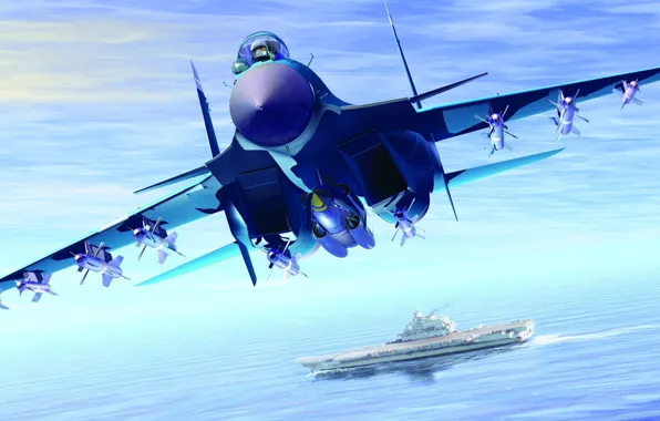 Picture sea, graphics, missiles, art, the carrier, carrier-based fighter, Su-33, Kuznetsov, Navy, Flanker-D