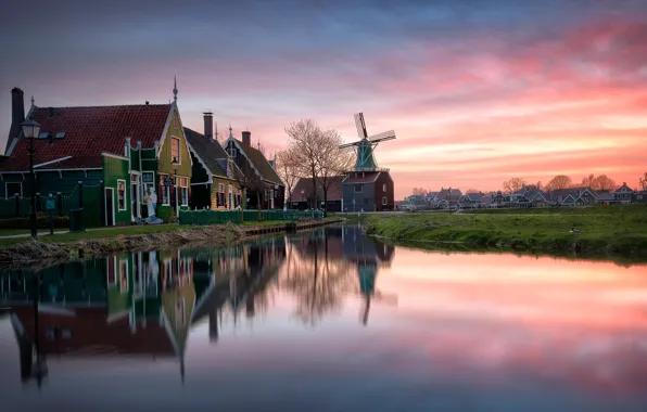 Picture sunset, house, reflection, mill, Netherlands