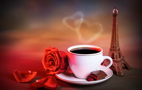 Picture heart, rose, coffee, chocolate, petals, couples, Cup, figurine, Eiffel tower, red, La tour Eiffel