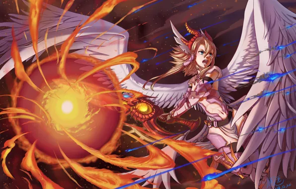 Picture girl, weapons, magic, wings, sword, anime, art, ho-oh, puzzle and dragons, minerva