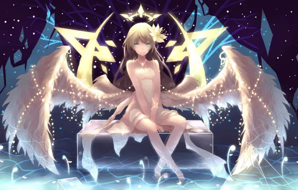 Picture flower, water, girl, smile, wings, angel, anime, art, halo, .l.l