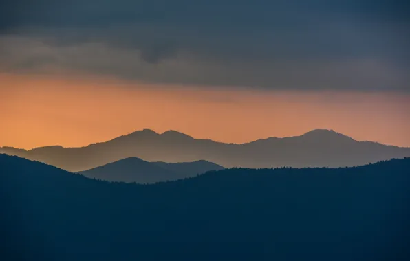 Picture twilight, sunset, hills, dusk, cloudy, silhouettes
