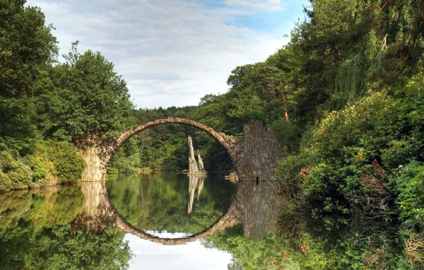 Picture water, trees, bridge, lake, reflection, Germany, arch, stone, Saxony, Gablenz, Rakotzbrücke, Devil's Bridge