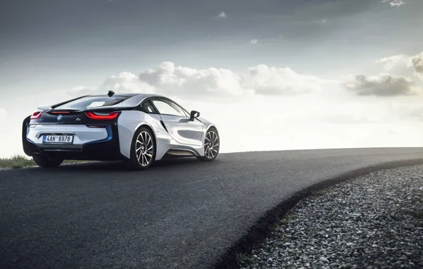 Picture road, the sun, clouds, wheel, back, BMW i8
