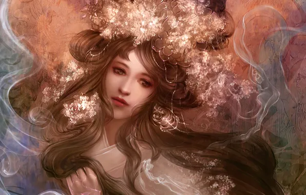 Picture girl, flowers, face, smoke, art, hairstyle, goldenrods