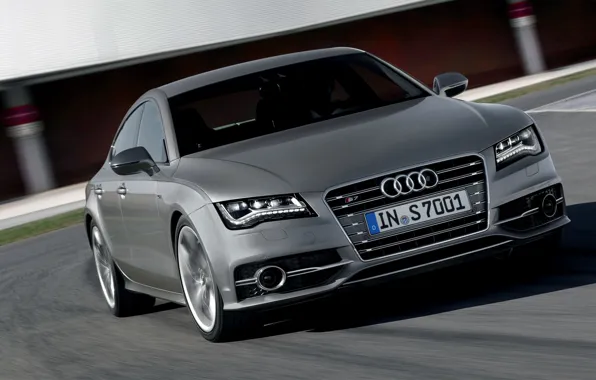 Picture Audi, Machine, Logo, Grey, The hood, Sedan, Lights, the front, In Motion