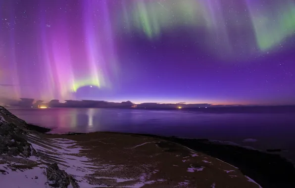 Picture sea, stars, night, lights, shore, Northern lights, Iceland