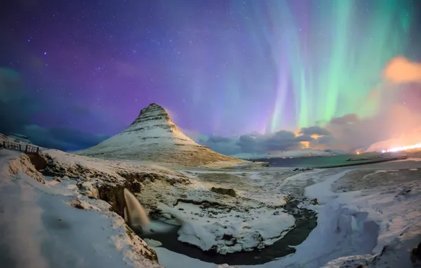 Picture winter, the sky, stars, snow, night, stream, mountain, waterfall, Northern lights, Iceland, Kirkjufell