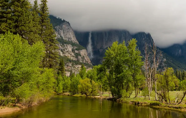 Picture autumn, clouds, trees, mountains, clouds, nature, lake, river, waterfall, Yosemite