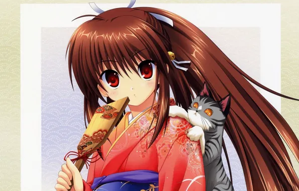 Picture kitty, pattern, fan, Girl, kimono, big eyes, bell