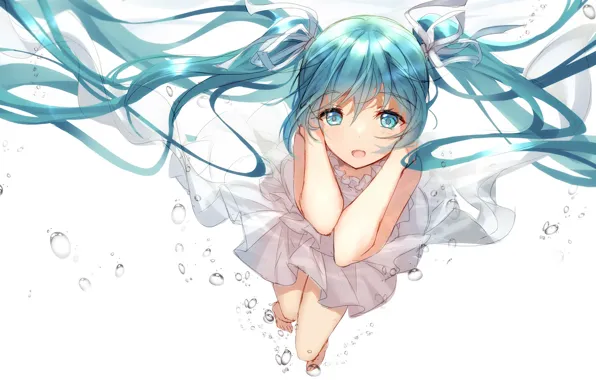 Picture girl, bubbles, anime, art, vocaloid, hatsune miku, under water, bison cangshu